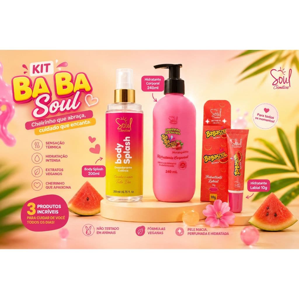 Kit Babasoul Melancia Completo Body Splash 200ml + Hidratante Corporal 240ml + Hidratante Labial 10g melancia soul Femin
