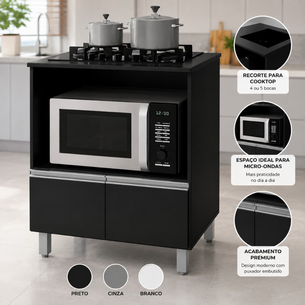 Balcao Para Cooktop 4 e 5 Bocas Renata Novo Modelo Puxadores Moderno Embutido