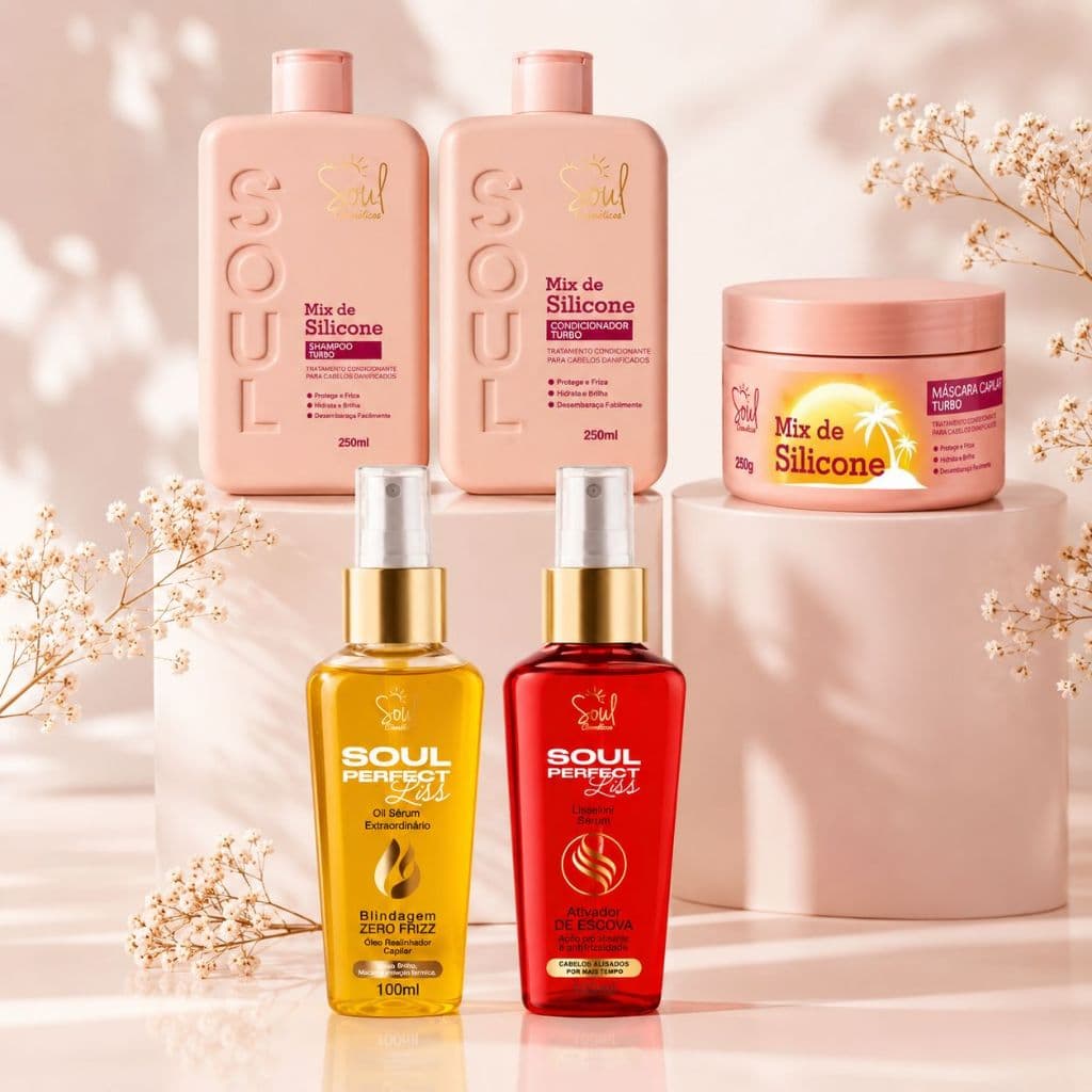 Kit Tratamento Capilar Completo Soul Cosméticos – Shampoo, Condicionador, Máscara, Óleo Reparador e Sérum Finalizador