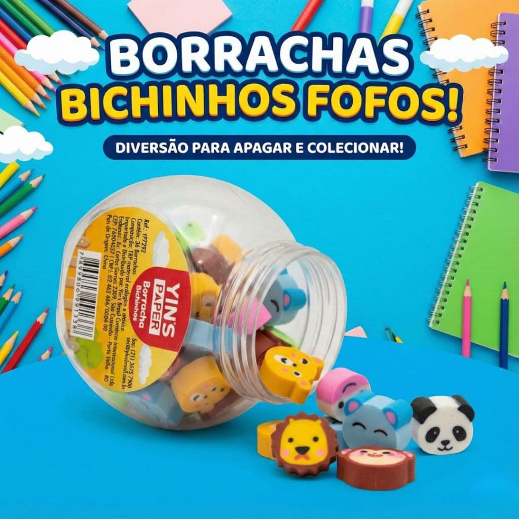 Mini Borracha Pote 36 Unidades Bichinhos Kawaii Escolar Infantil Criativa Papelaria Menino Menina