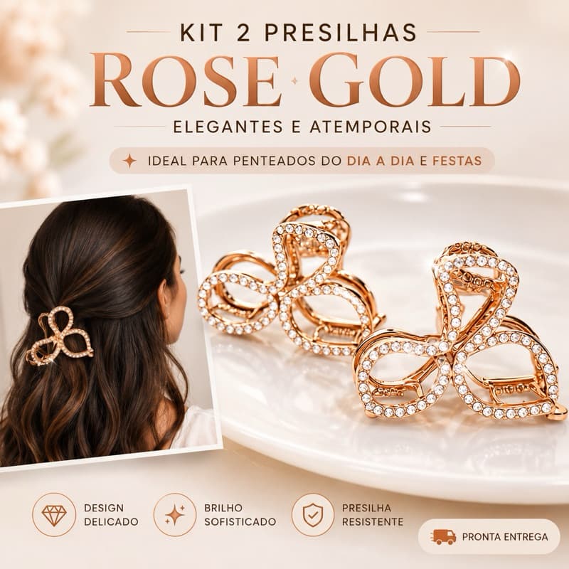 Kit 2 Presilhas Piranha Rose Gold com Pérolas | Acessório de Cabelo Elegante Feminina Luxo
