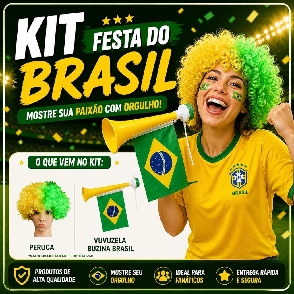 🏆 Kit 6 Torcedor Brasil Copa do Mundo 2026 2 Itens: Peruca Verde Amarela Vuvuzela Buzina