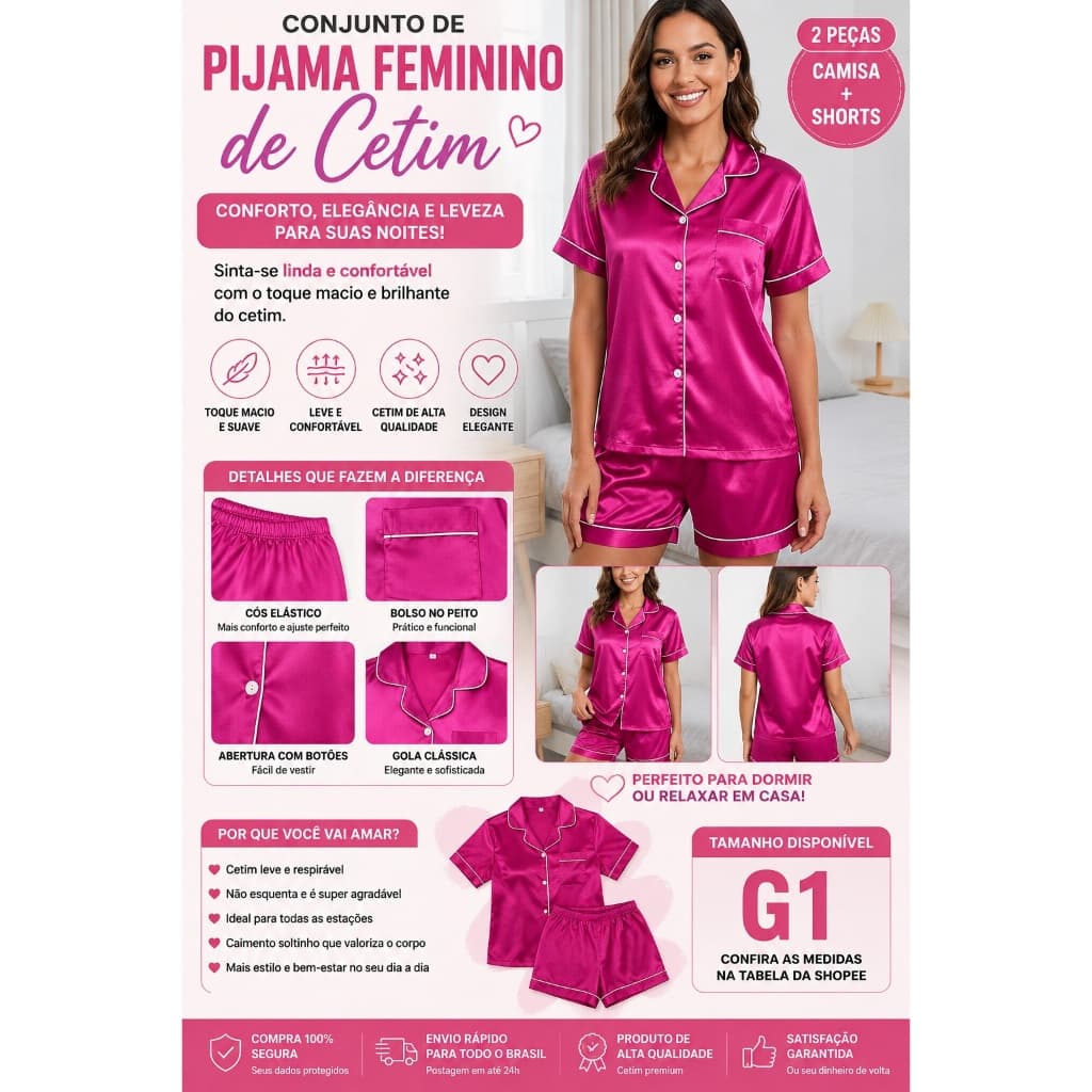 Pijama Feminino Americano Cetim  Curto Botão Plus Size G1