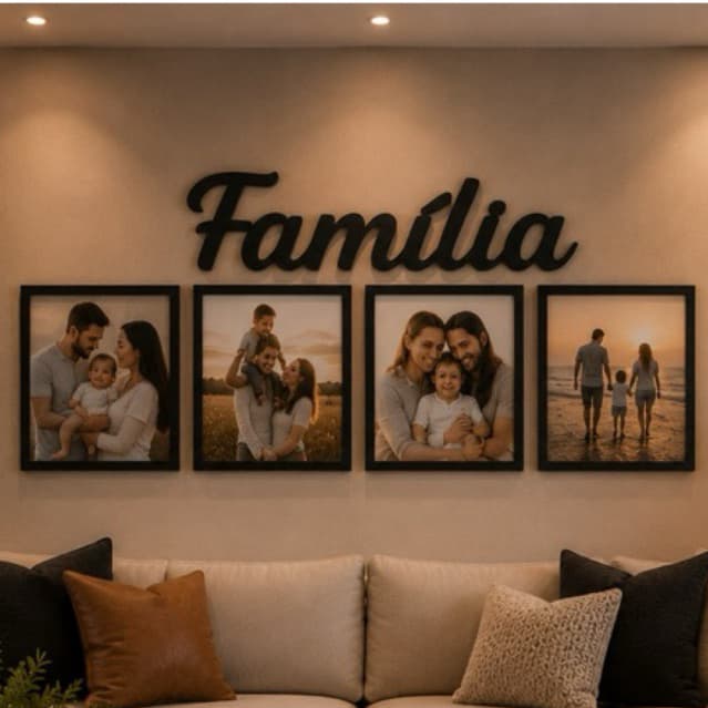 Quadro de Foto Parede MDF Família 4 Fotos Moldura Preta Decorativa Enfeite Sala de Estar Quarto Organizado