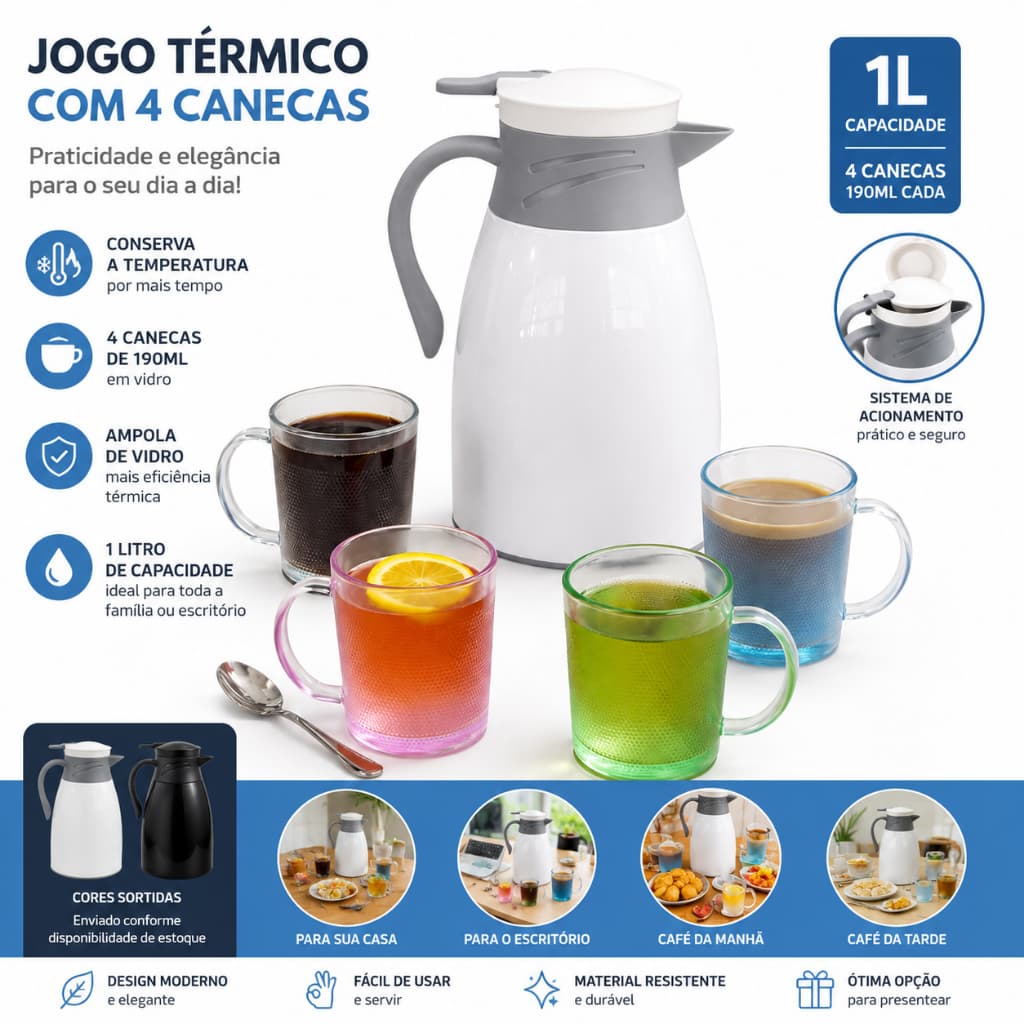 Kit Garrafa Termica 1 Litro Victoria Com 4 Canecas Coloridas Alta Durabilidade