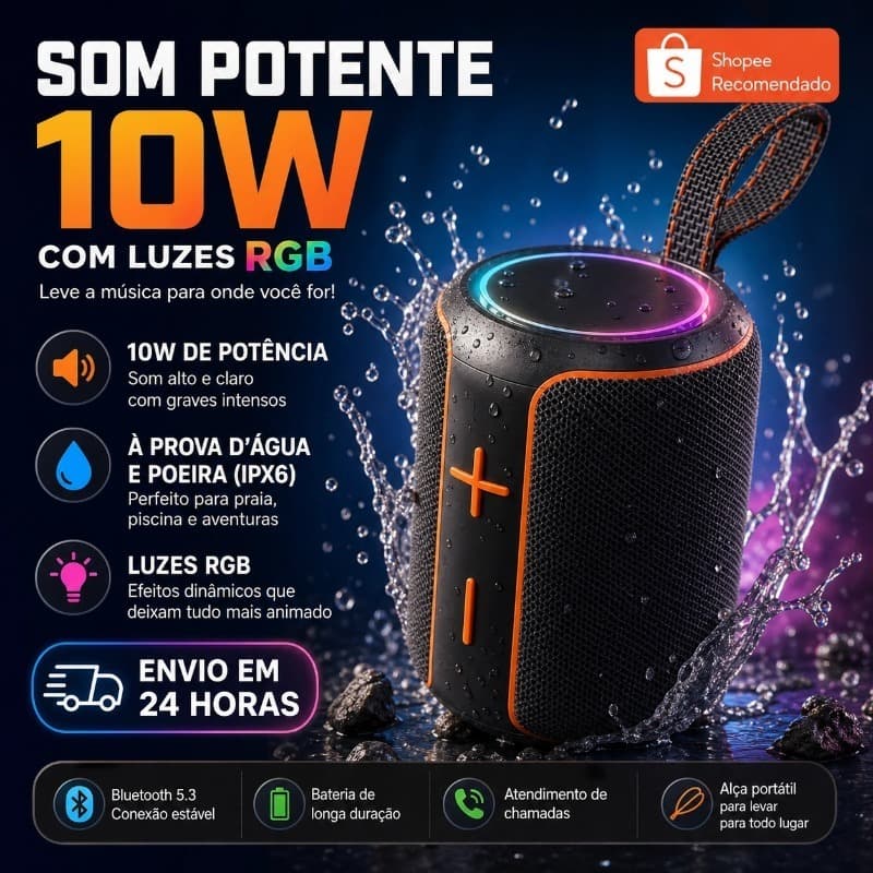 Caixa De Som Bluetooth 10W LUZ RGB Portátil À prova d'água Alta qualidade-Rádio/FM/USB/-HY449