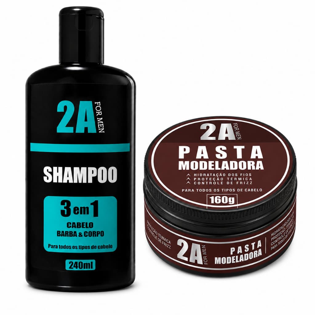 Kit Shampoo 3 em 1 240ml + Pasta Modeladora Incolor 160g 2A For Men Controle Frizz  e Fixação Forte