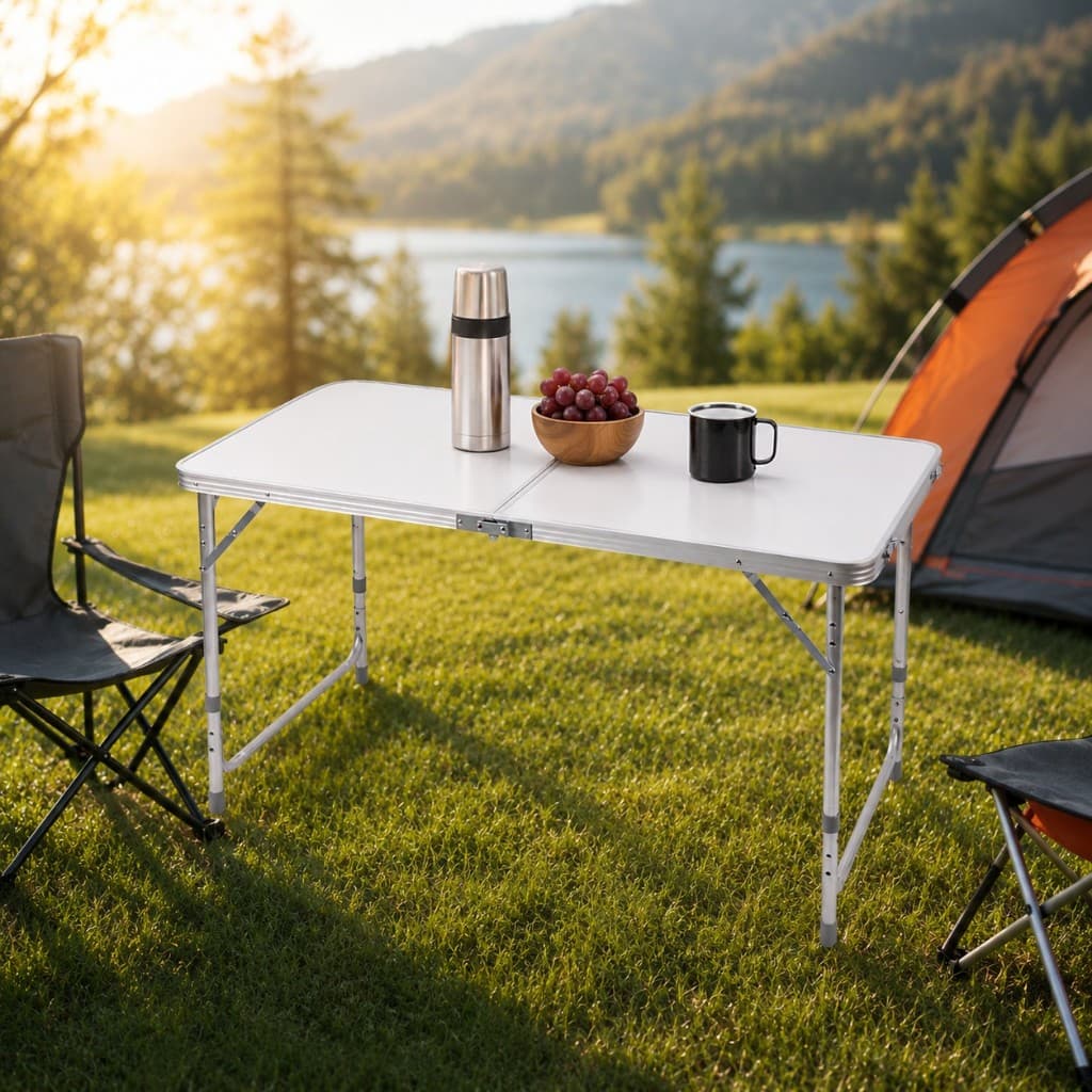 Mesa Dobravel 120 x 60 cm Vira Maleta com Alça Casa Camping Jardim Festa Pesca Eventos Branca Portátil