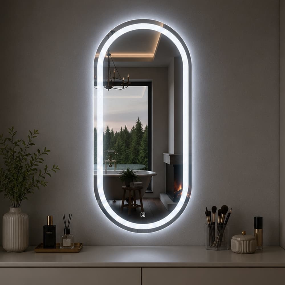 Espelho Oval Jateado Com Led e Botão Touch 80x50cm Lapidado Decoração Quarto Sala