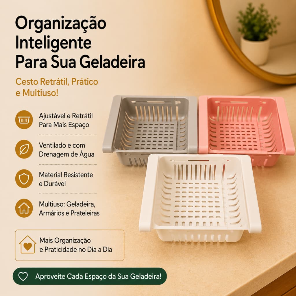 Kit 2 Peças Cesto Organizador De Geladeira Gaveta Retrátil Ajustável Multiuso " Envio Imediato "