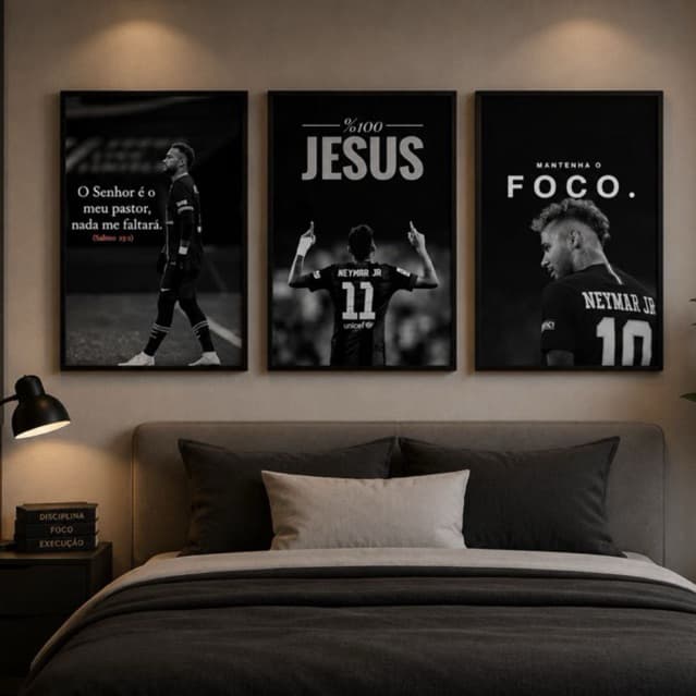 Kit 3 Quadros Neymar Fé Jesus Motivacional Decoração Quarto Sala
