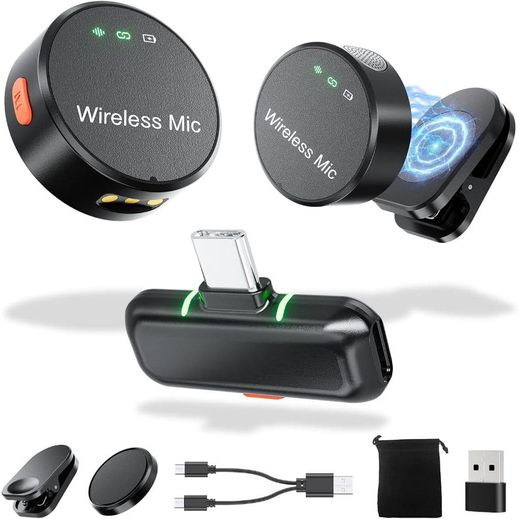 Microfone Lapela Sem Fio Duplo Profissional Portátil Imã Redondo Anti Ruído Tipo C iPhone Gravação