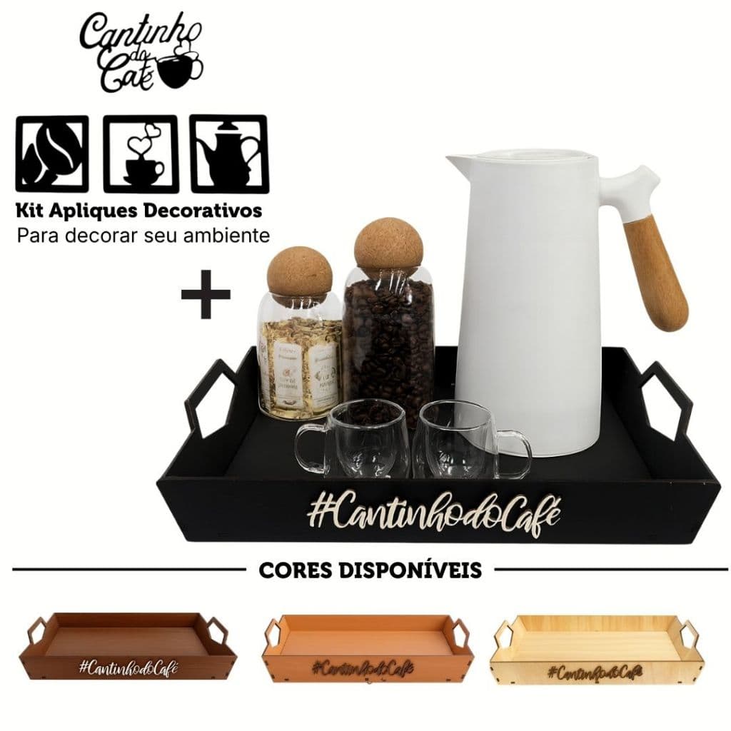 Organizador para Cantinho do Café Bandeja MDF Retangular com Alças 41x30cm Bandeja para Cafeteira