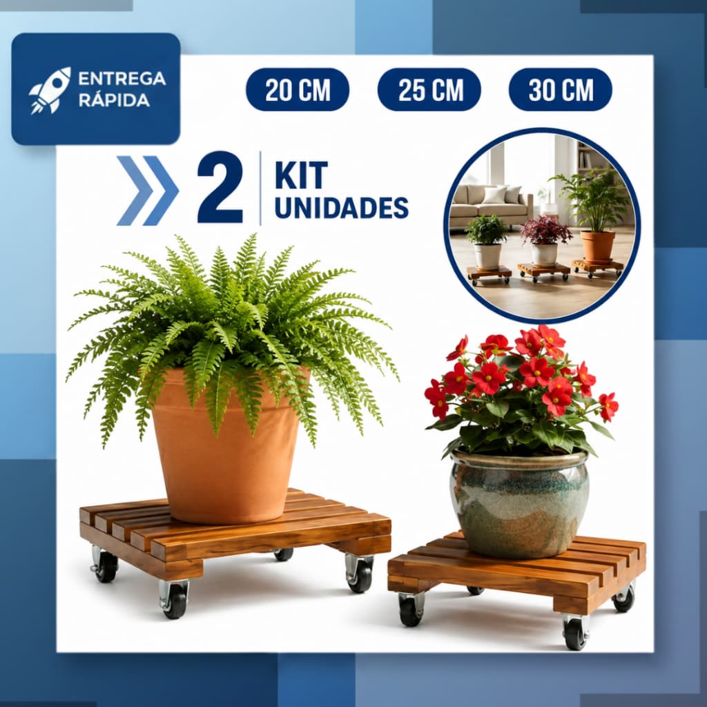 Kit com 2 Suporte Quadrado Madeira Com Rodinhas Para Botijão Ou Vaso De Planta  Suporta Até 80 kg