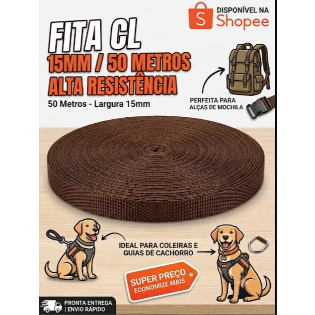 Fita CL, Fita polipropileno 15mm 50 metros Marrom, Fita para Alça de mochila, Fita para coleira de cachorro