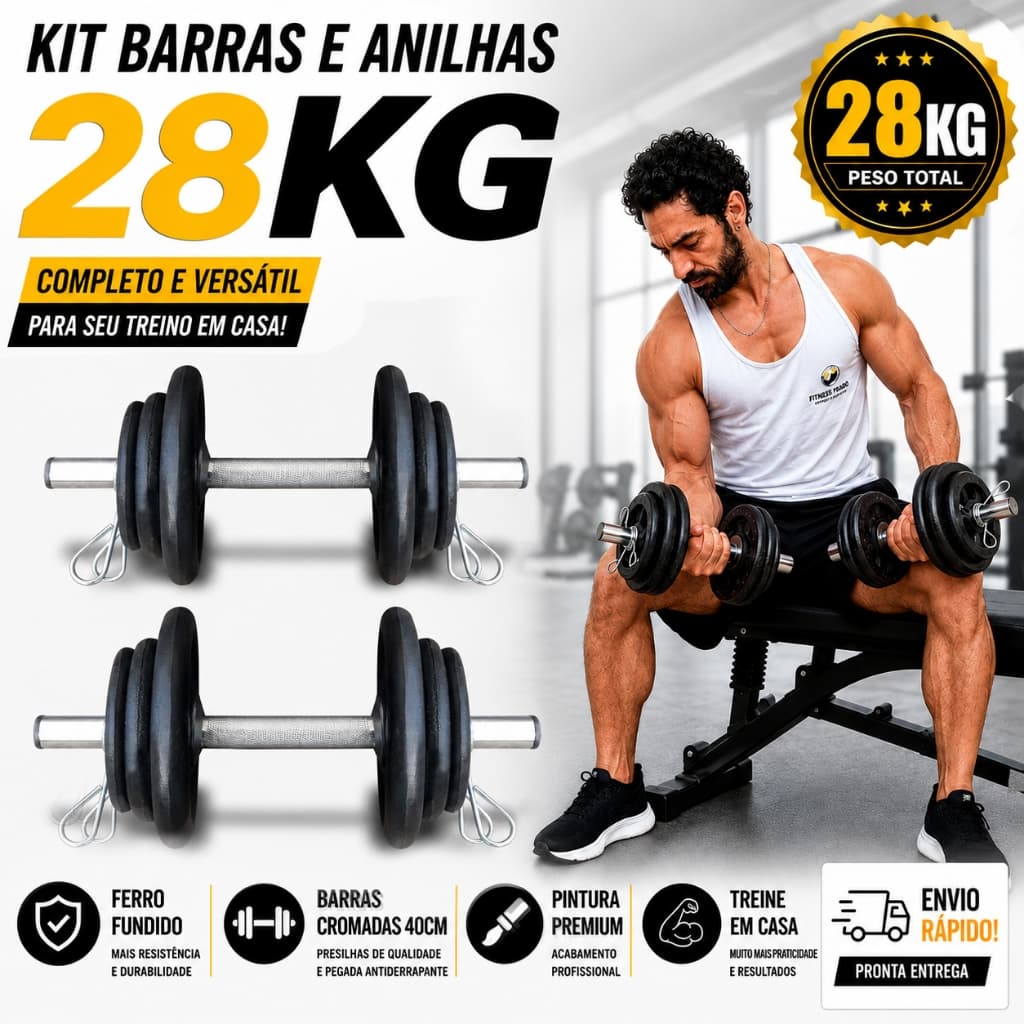 2 Barras de 40cm Oca CROMADA + 28kg de Anilhas Halteres para Musculação - FITNESS PRADO