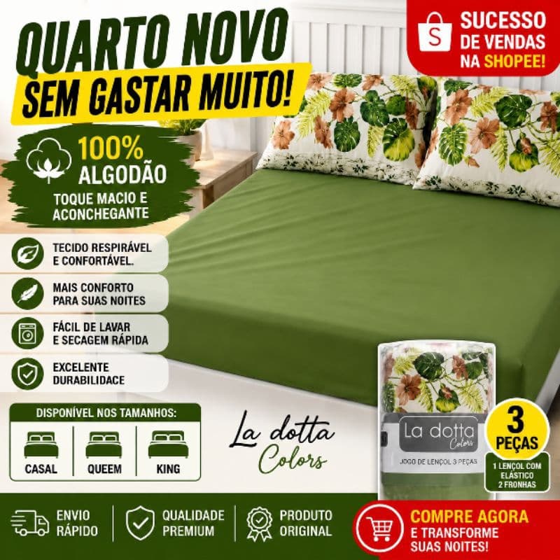 Jogo de Lençol La Dotta Colors Casal Queen King 100% Algodão 3 Peças Conforto e Maciez Premium