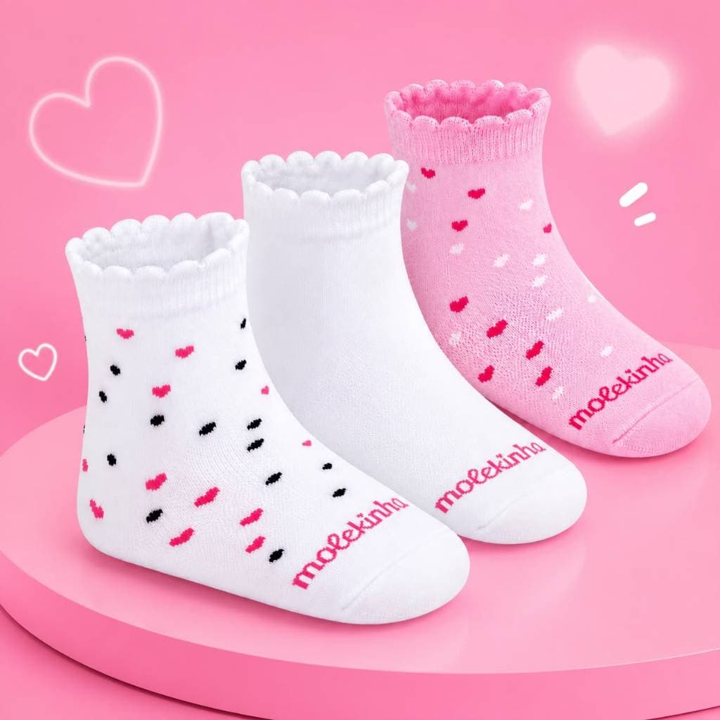 Meia Com Kit 3 Pares Infantil Menina Em Algodão Cano Médio e Longo Molekinha ORIGINAL