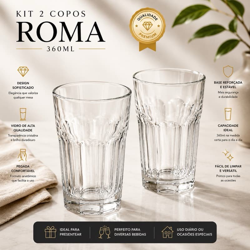 Kit 2 Copos de Vidro Roma 360ml Transparente Resistente para Água Suco Drink