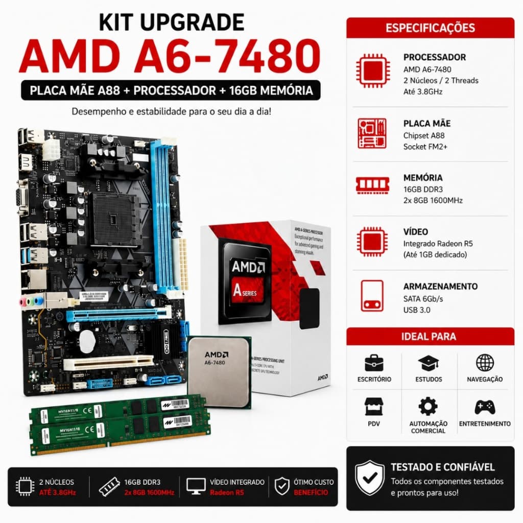 Kit Upgrade AMD A6-7480, Placa mãe A88M-G FM2/FM2+, 16Gb RAM DDR3