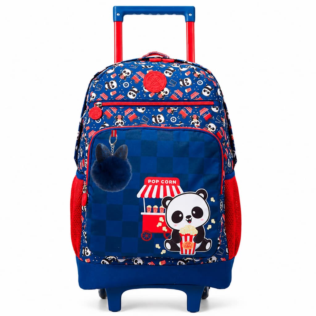 Mochila De Rodinhas Escolar Panda Pipoca Com Chaveiro Pompom