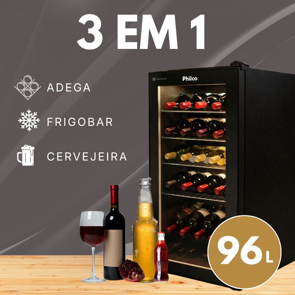 Frigobar Adega Cervejeira Philco 96L 3em1 -6°C Compressor Display Digital Porta Vidro Alto Desempenho