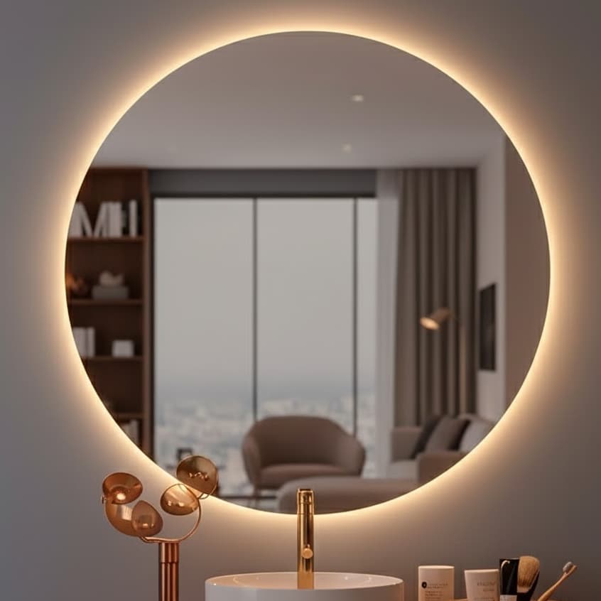 Espelho Redondo 40x40 cm Lapidado com 3 cores LED Touch Decoração de Parede