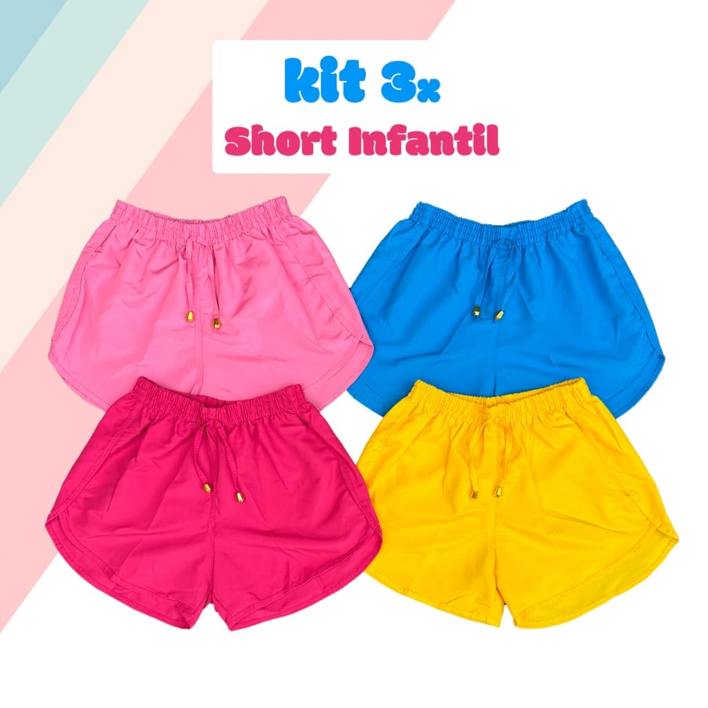 Kit 3 Shorts Tactel Infantil Feminino Juvenil Meninas 02-14