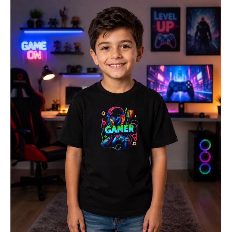 Camiseta Infantil Menino Estampa Gamer Neon Divertida Casual