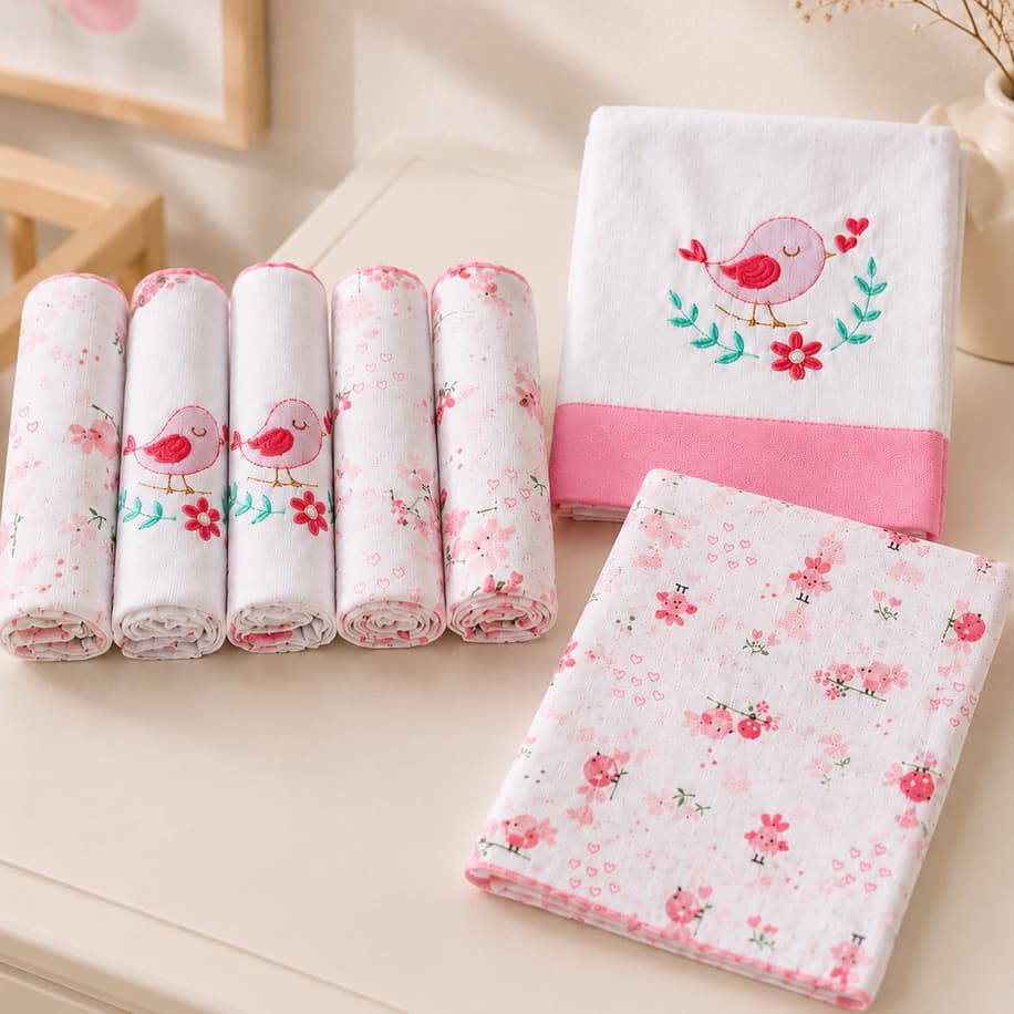 Kit 7 Peças Enxoval Bebê Menina Tema Jardim Encantado Passarinho Combo Estampado 5 Fralda +2 Toalha