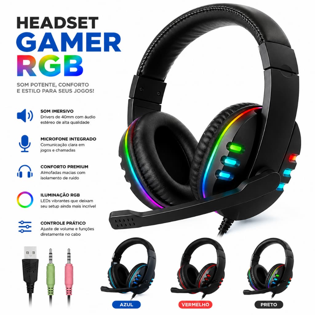Headset Gamer Estéreo Luz RGB Microfone Integrado USB P2 para Notebook e Console