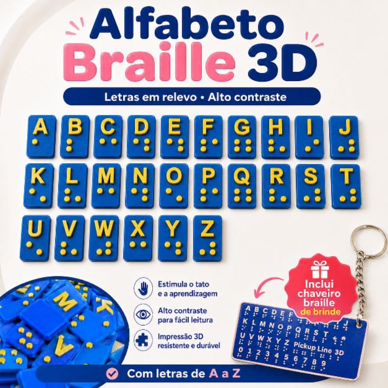 Alfabeto Braille em Relevo Alto Contraste Rosa ou Azul com Chaveiro Braille 3D