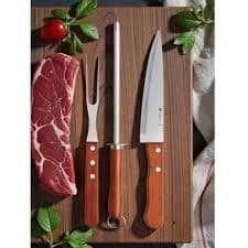 Kit Churrasco 3 Pecas Facas Cabo Madeira Faca Garfo Chaira Amolador Afiador Açougue Pegador