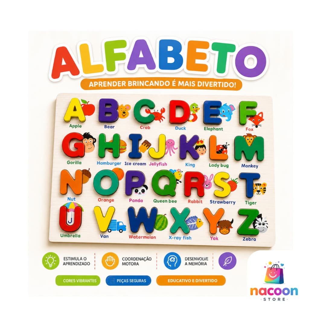 Alfabeto Educativo Colorido com Peças destacáveis em MDF (Madeira) Animais Inglês Infantil