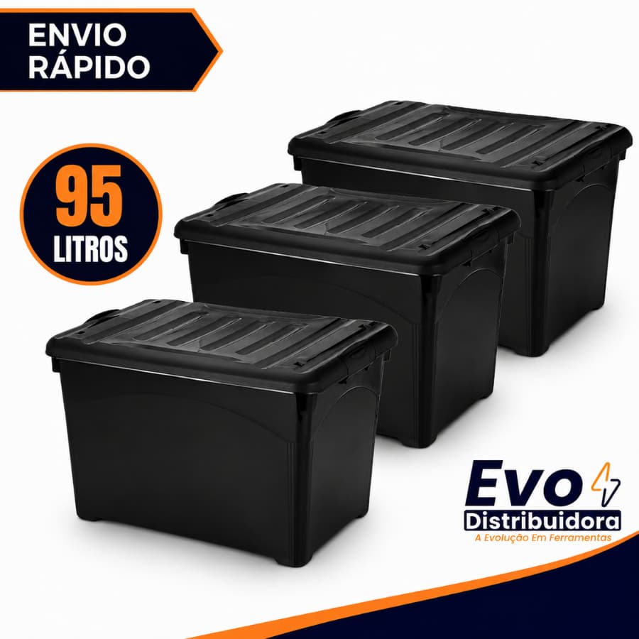 Kit 3 Unidades Caixa Organizadora 95 Litros Preta Com Rodinhas e Trava Para Transporte HeavyBox