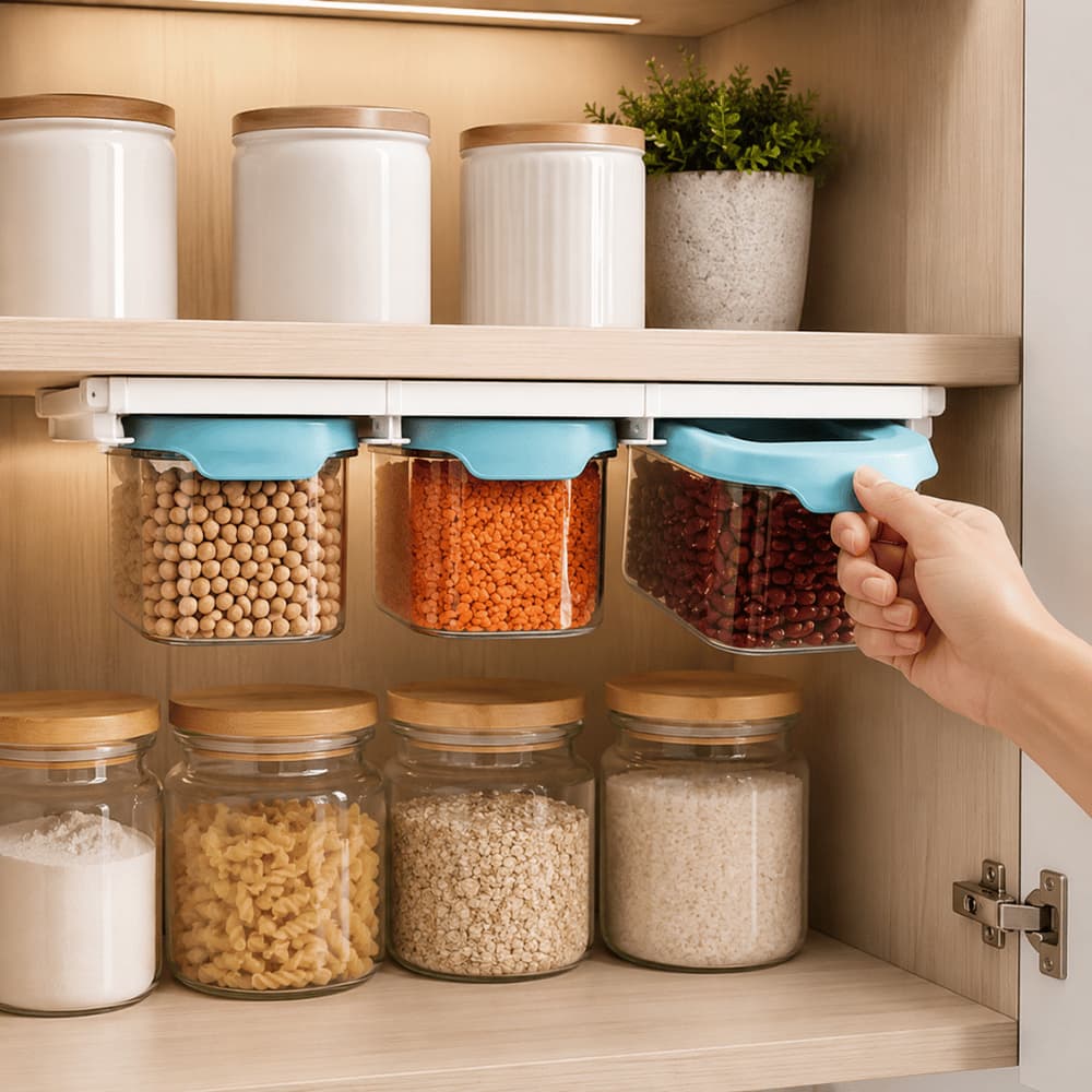 Kit 3 Potes Herméticos 900ml Com Suporte Organizador Para Armário Cozinha Mantimentos E Grãos