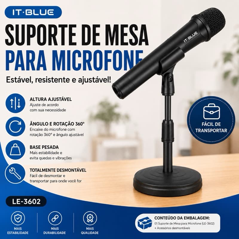 Mini Suporte de Mesa para Microfone Ajustável IT-BLUE LE-3602 Base Pesada Antiderrapante
