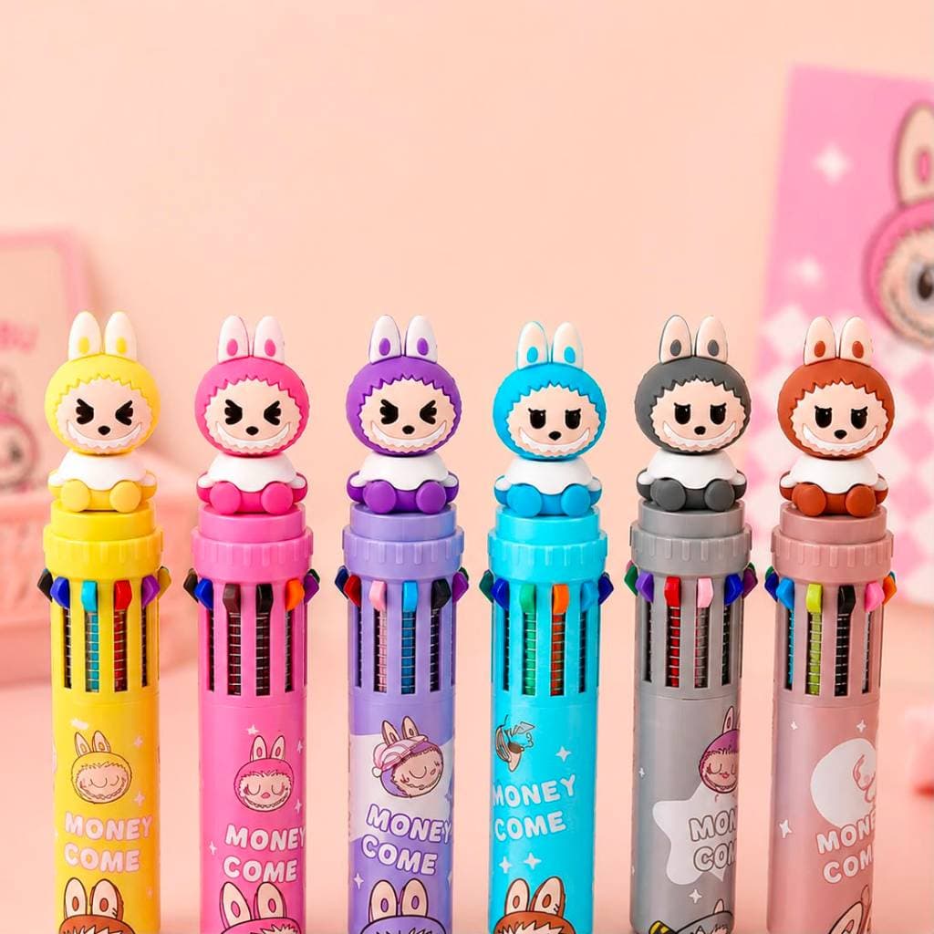Caneta 10 Cores Escolar Mascote Labubu Copa Multicolorida Lembrancinha Material Escolar Divertido