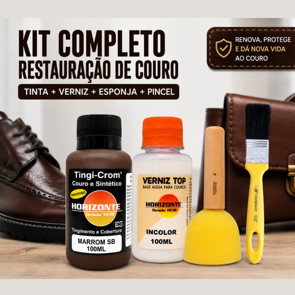 Kit Tinta Para Couro 100ml + Verniz Top Incolor + Esponja + Pincel Restaurar Bolsa Sapato