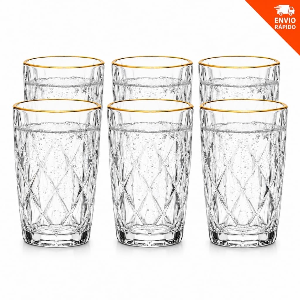 Jogo Copos Diamond Vidro com Borda Dourada 370ml Luxo Cristal para Água Suco e Refrigerante Copos Multiuso