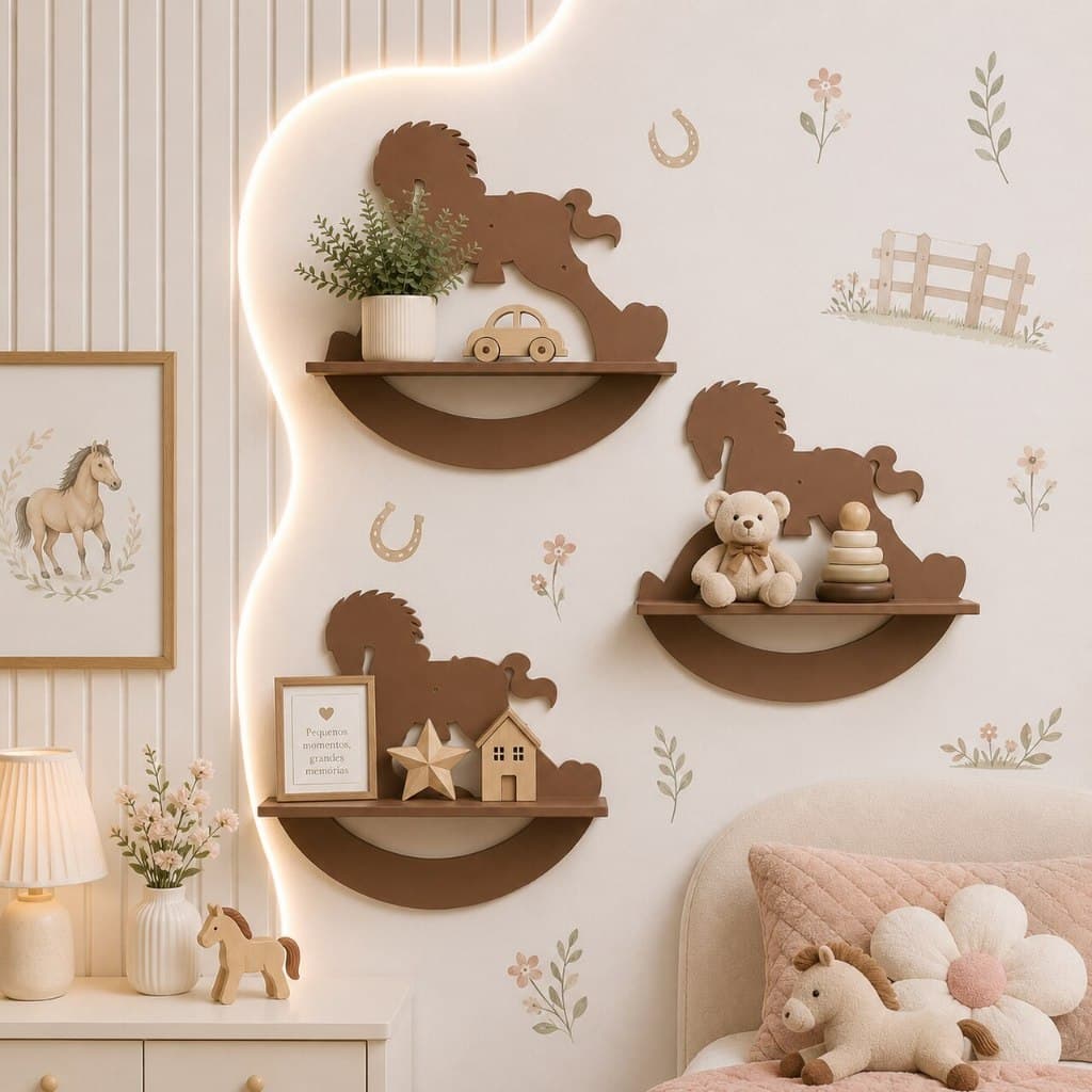 Trio de prateleira Cavalinho Infantil Decorativa Kit 3 prateleiras cavalo fofo em MDF