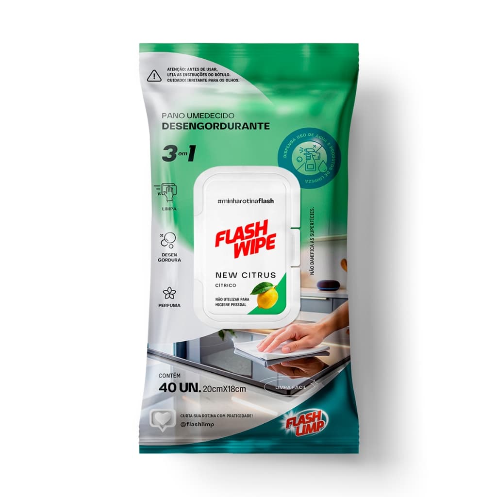 Lenço Umedecido Flash Limp Desengordurante 40 Unidades Limpeza Multiuso Remove Gordura e Sujeira