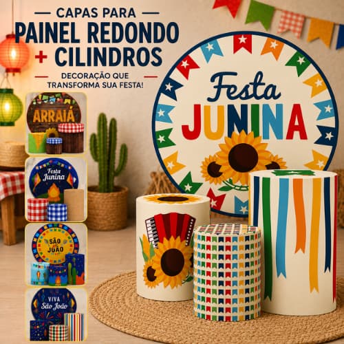 Trio Capas Cilindros + Capa Painel Sublimado Arraiá Vários Modelos Decoração Festa Junina São João