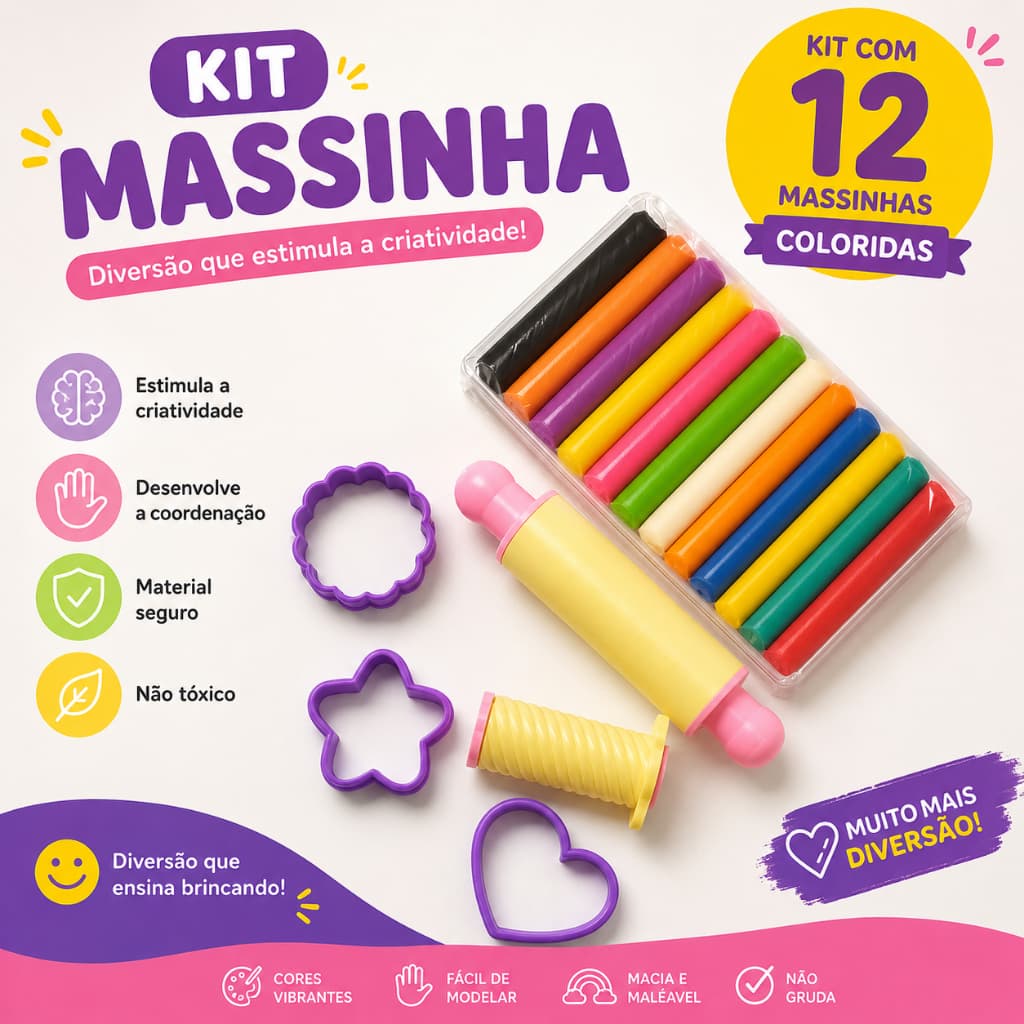 Kit Massinha de Modelar Infantil 12 Cores com Moldes e Acessórios Educativo Coloridos