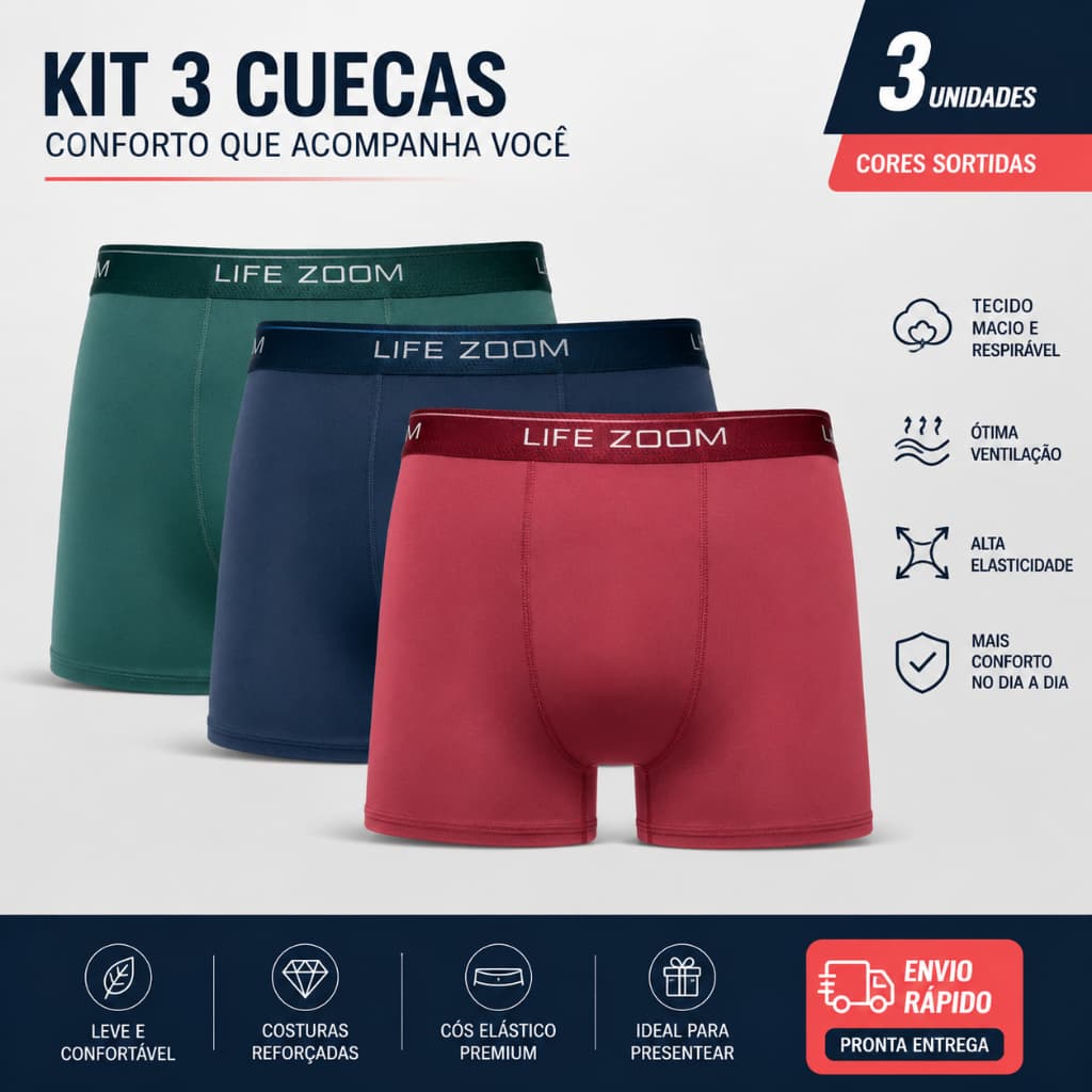 3 Cuecas Box Microfibra lisa cores sortidas marca Life Zoom