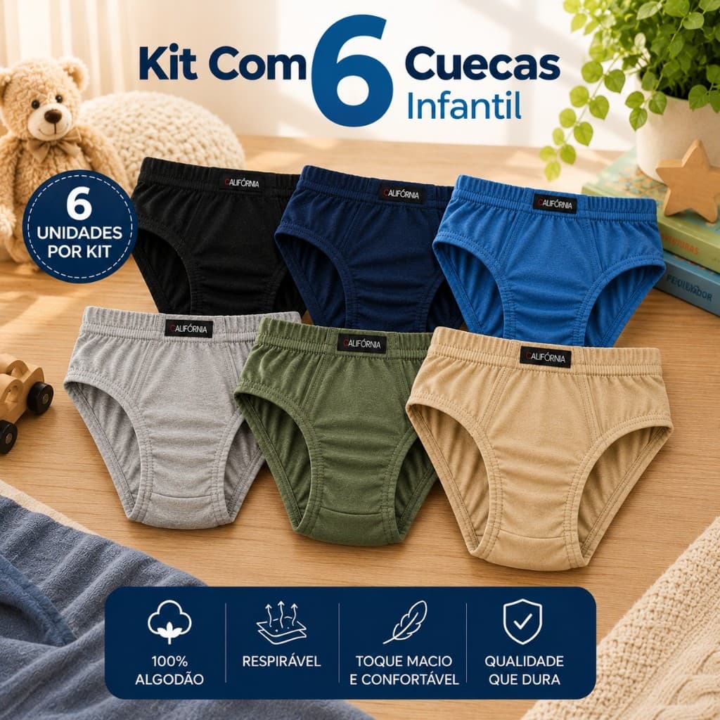 Kit 6 Cuecas Infantil Califórnia Menino 100% Algodão Cueca Infantil Masculina Confortável Cores Sortidas