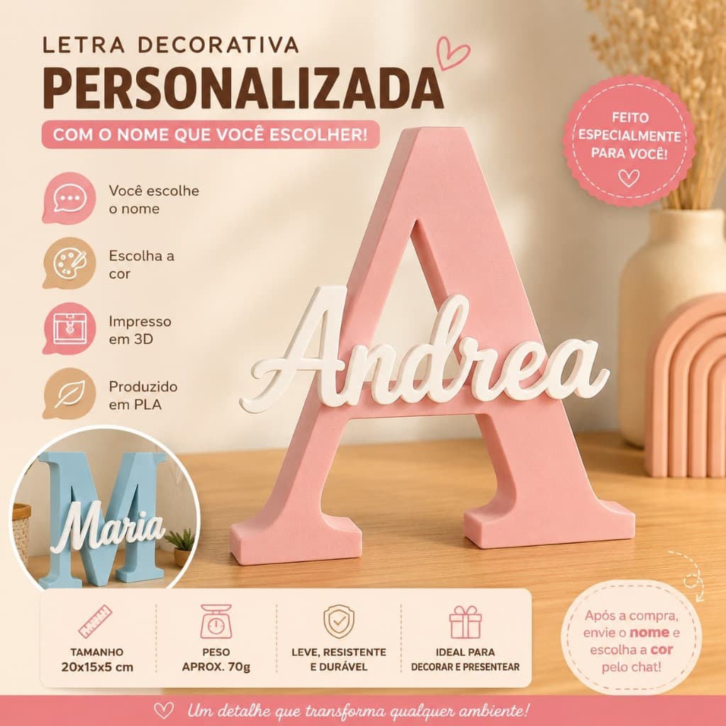 Letra Decorativa Personalizada com Nome | Impressão 3D | Presente Personalizado