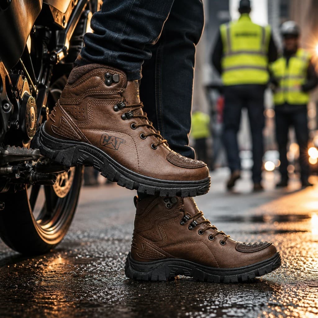 Bota Motociclista Cat Couro Legítimo Masculina Palmilha em Gel Solado Tratorado Adventure Premium