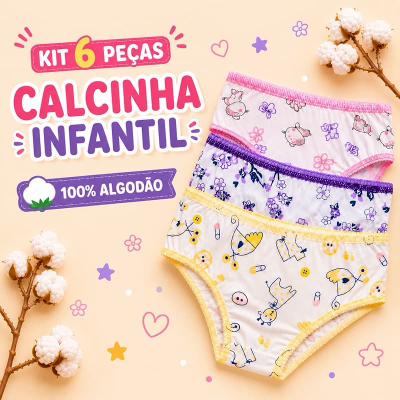 Calcinha Infantil Kit com 6 Menina Algodão Estampas Sortidas