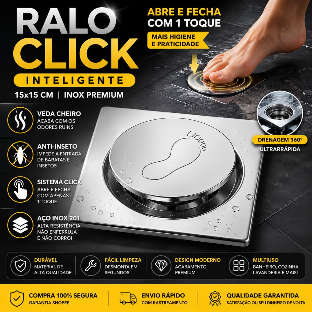 Ralo Inox 10x10 Click Inteligente Anti Odor Veda Cheiro Anti Inseto Banheiro Premium